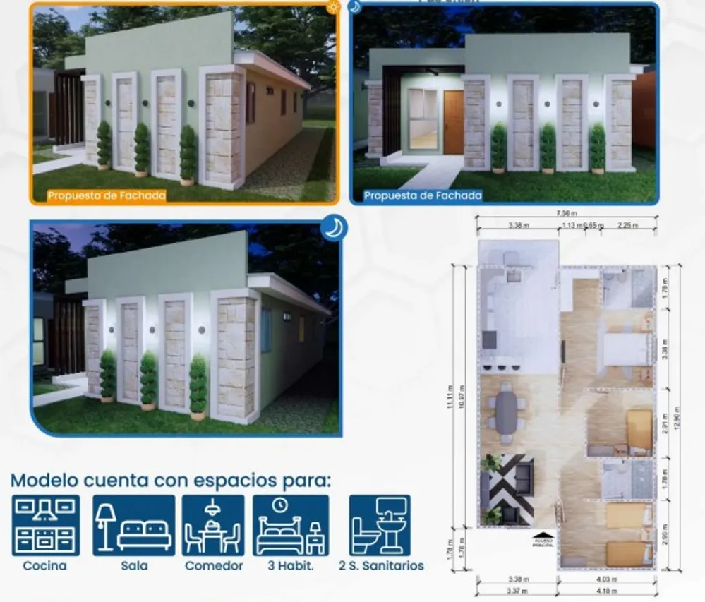 Propuesta de fachada del Modelo Agustina y plano de distribución