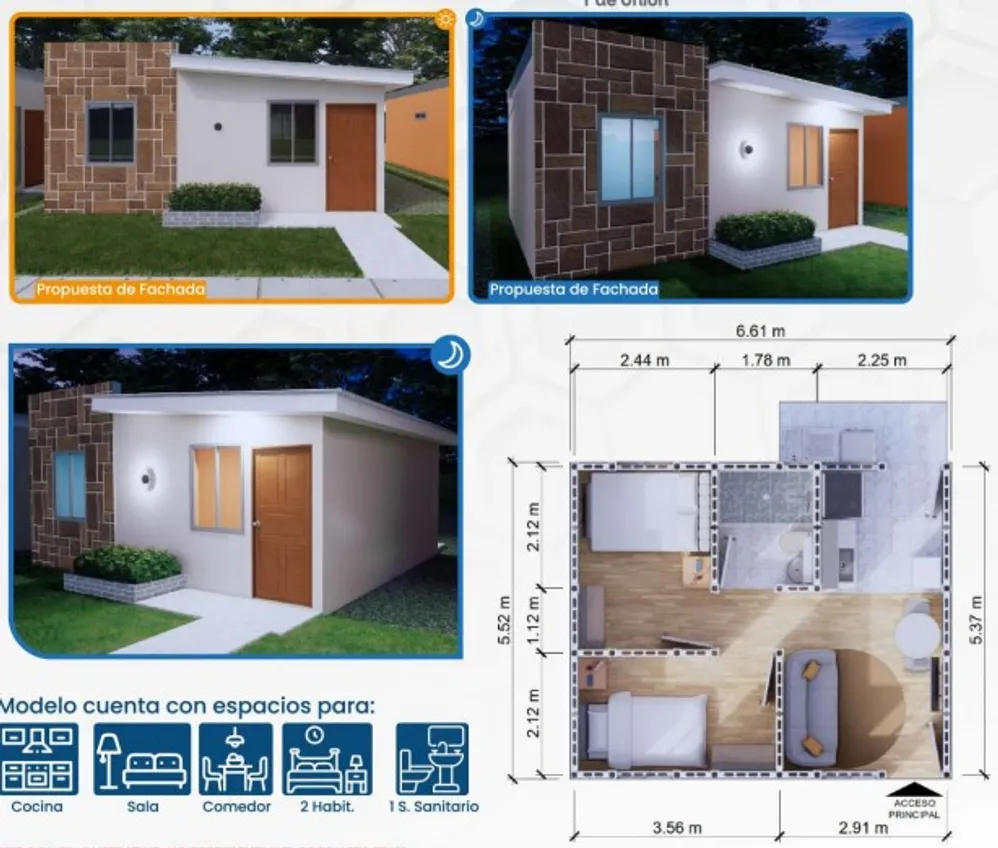 Propuesta de fachada del Modelo Azucena y plano de distribución