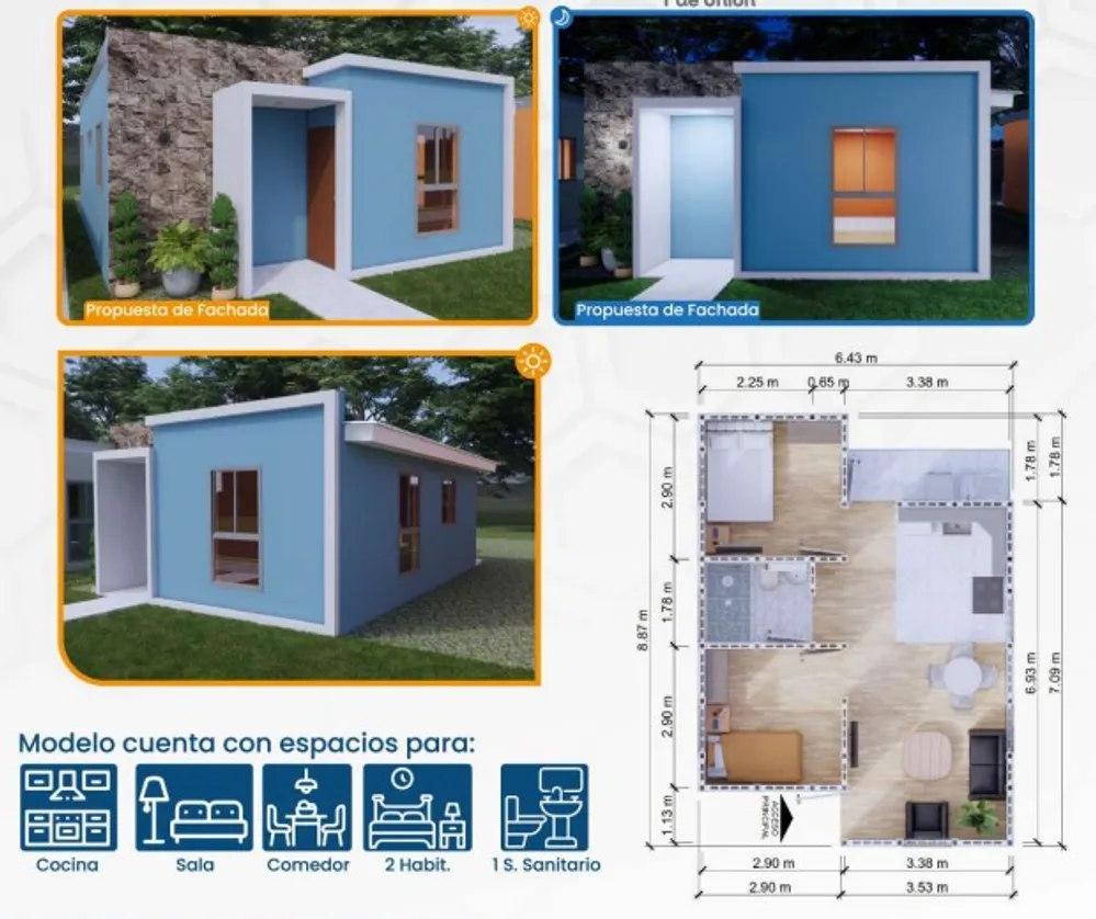 Propuesta de fachada del Modelo Dalila y plano de distribución