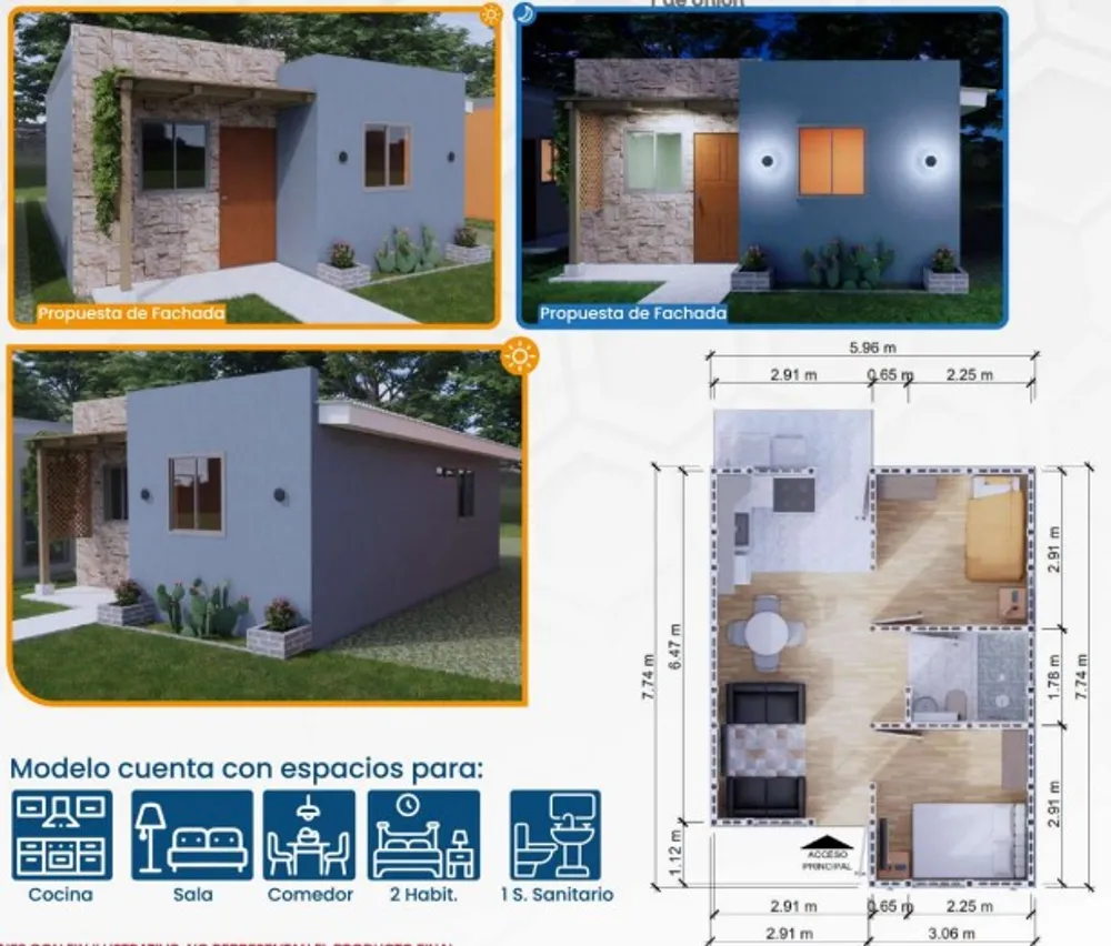 Propuesta de fachada del Modelo Esperanza y plano de distribución