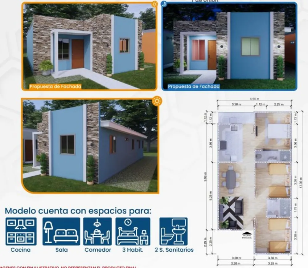 Propuesta de fachada del Modelo Estrella y plano de distribución