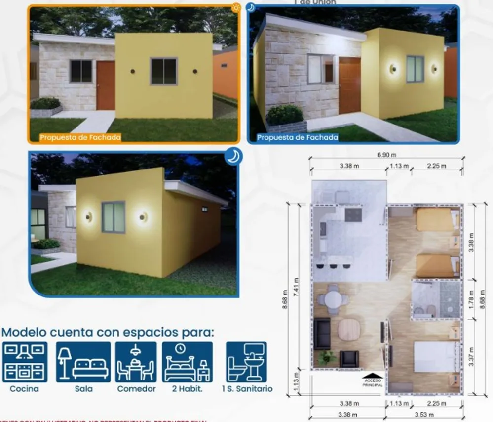 Propuesta de fachada del Modelo Mariana y plano de distribución
