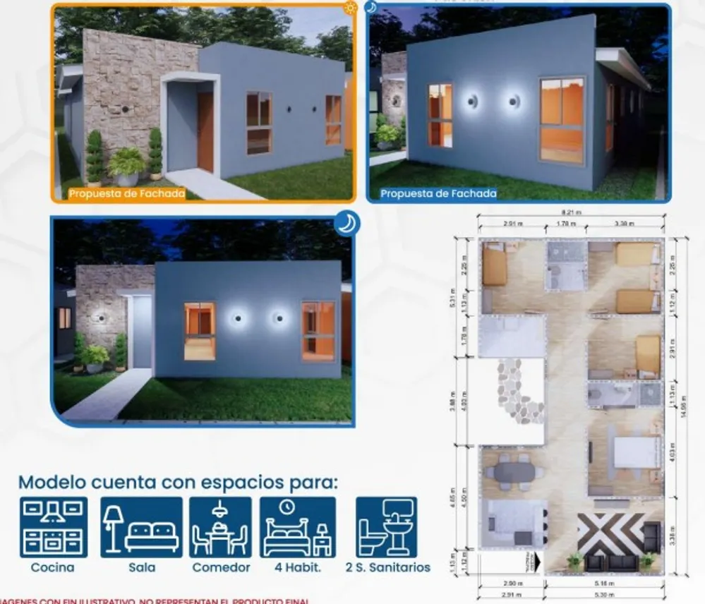 Propuesta de fachada del Modelo Paulina y plano de distribución