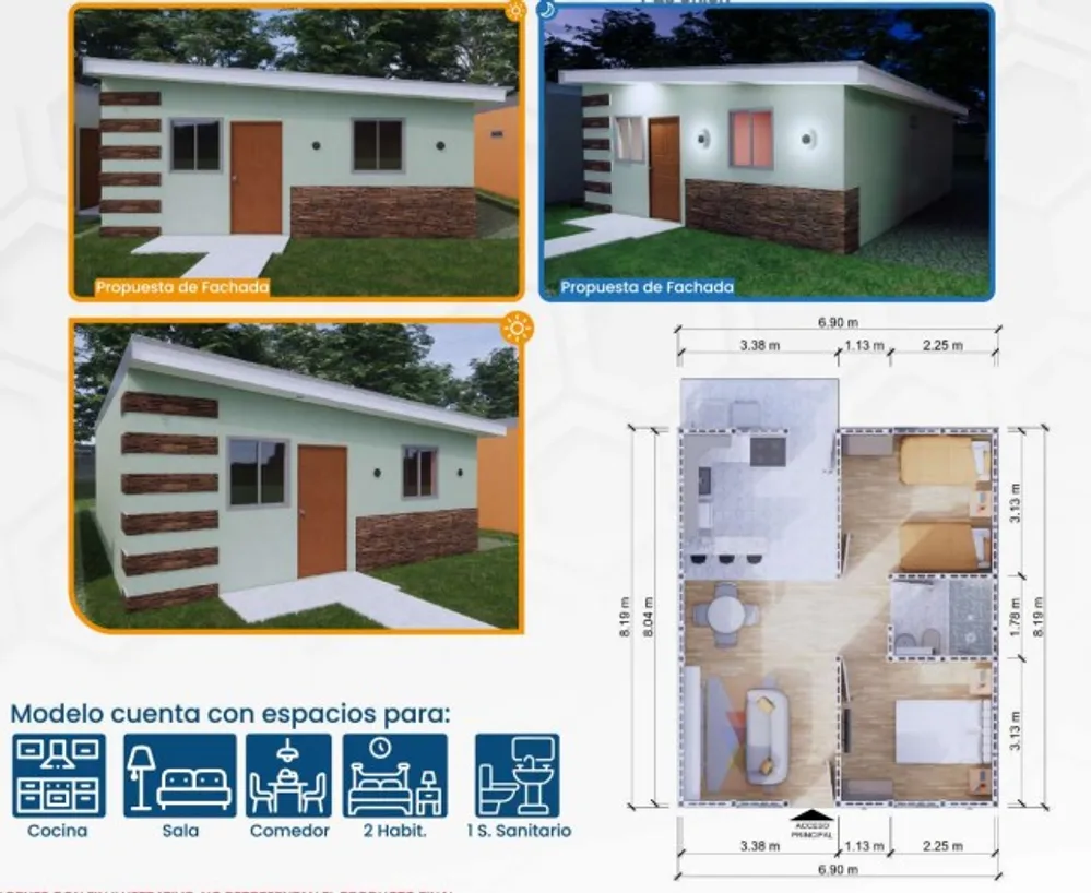 Propuesta de fachada del Modelo Promesa y plano de distribución