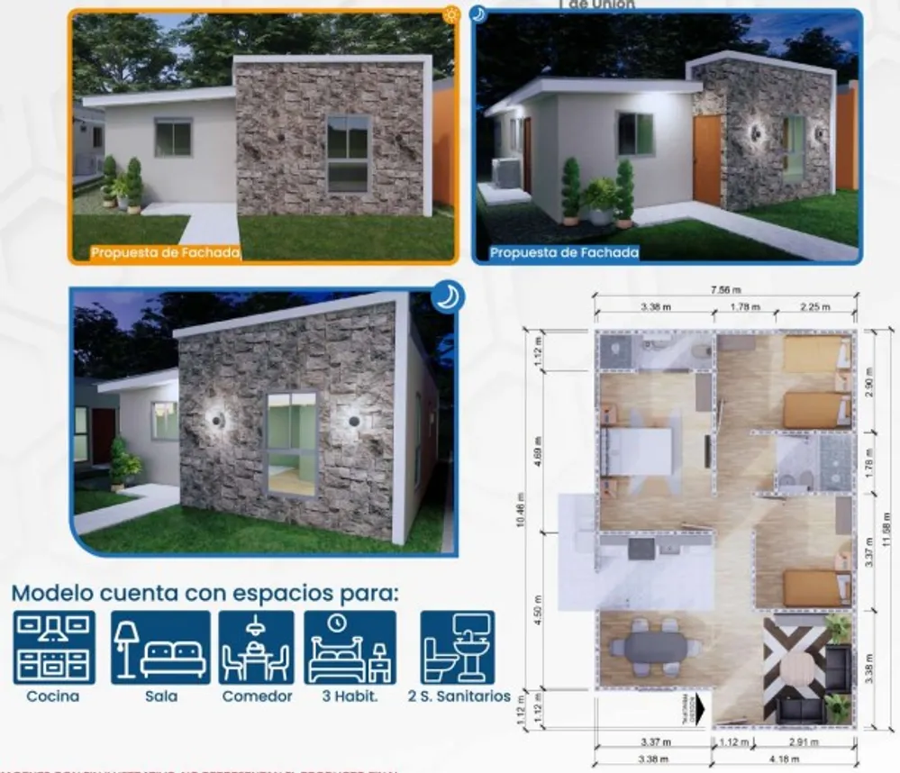 Propuesta de fachada del Modelo Sofia y plano de distribución