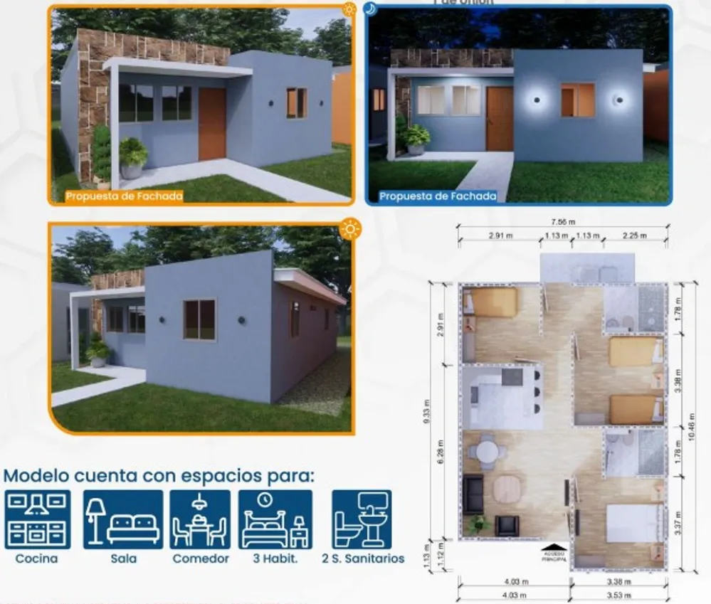Propuesta de fachada del Modelo Victoria y plano de distribución