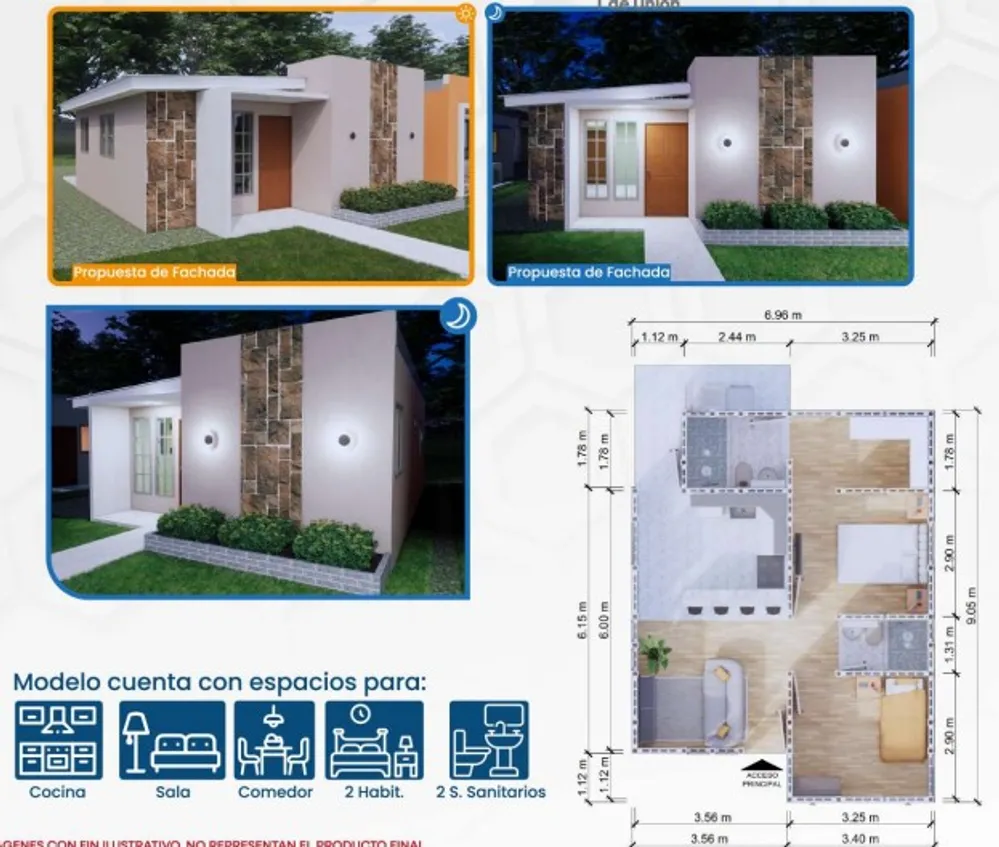Propuesta de fachada del Modelo Zoe y plano de distribución